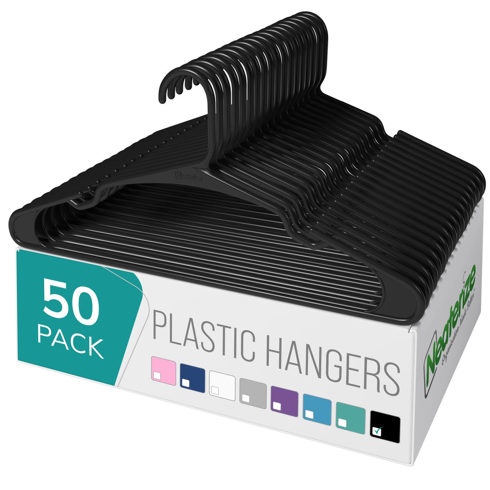 NEATERIZE black hangers front-packaging shows tidy 50-count and benefit of uniform storage