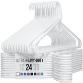 NEATERIZE front pack of 24 white heavy duty hangers showing quantity and shape benefit