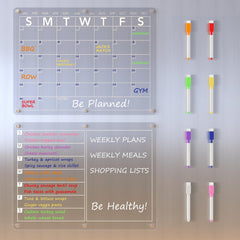 Neatsure front view clear acrylic calendar on fridge showing grid and layout for easy planning