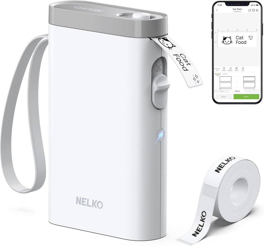 Nelko P21 front view showing clean white housing and control buttons for easy labeling
