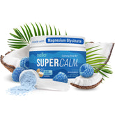 Nello SuperCalm front tub showing blue coconut packaging and clear ingredient benefits