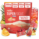Nello Superfocus front packet displaying brand and fruit punch flavor, convenient focus boost.
