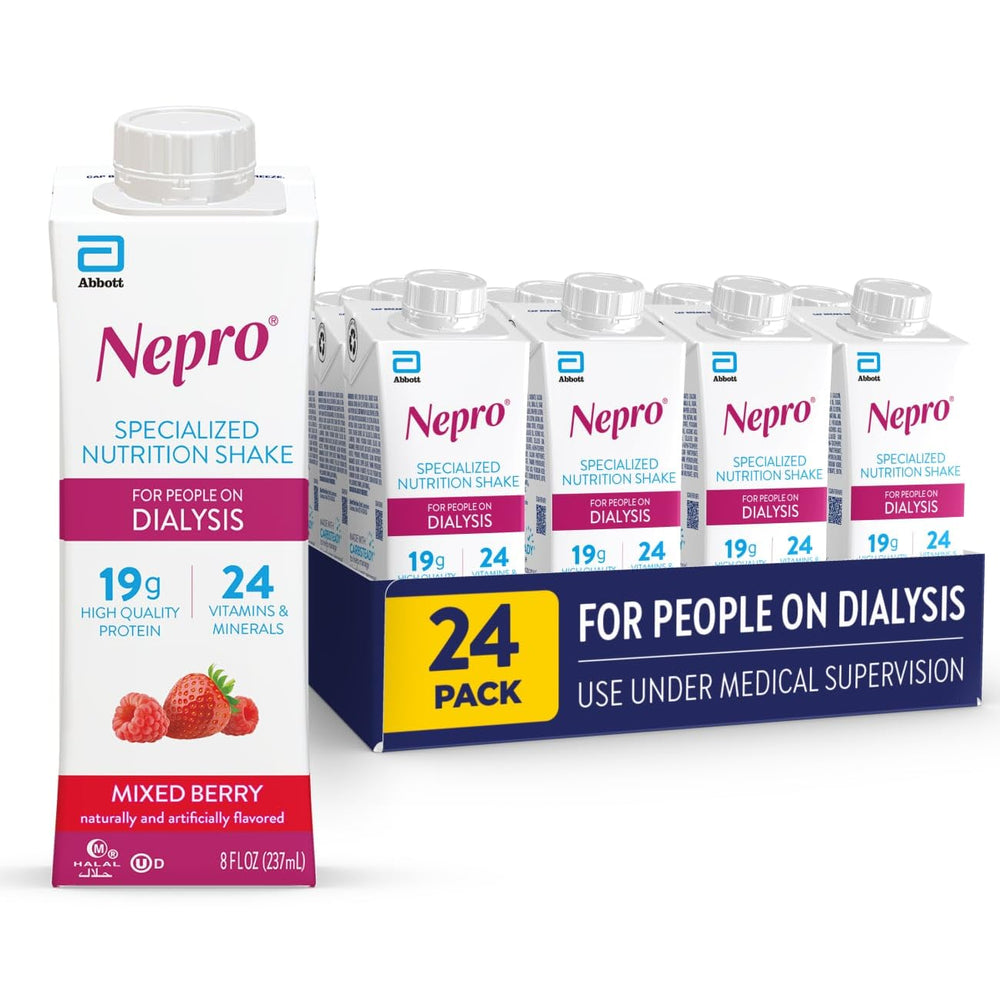Nepro mixed berry front packaging showing product and servings benefit