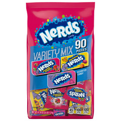 NERDS front packaging showing 90-count bulk assortment and brand badge, clear gifting appeal