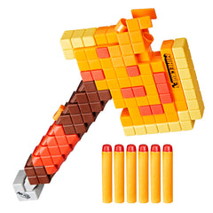 NERF Firebrand front view showing axe-shaped blaster and pixelated Minecraft styling for immersive play