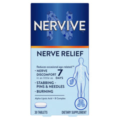 Nervive front packaging showing product name and tablet count, clear benefit information
