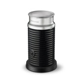 Nespresso Aeroccino 3 front view showing sleek black steel body and compact design benefit: space-saving