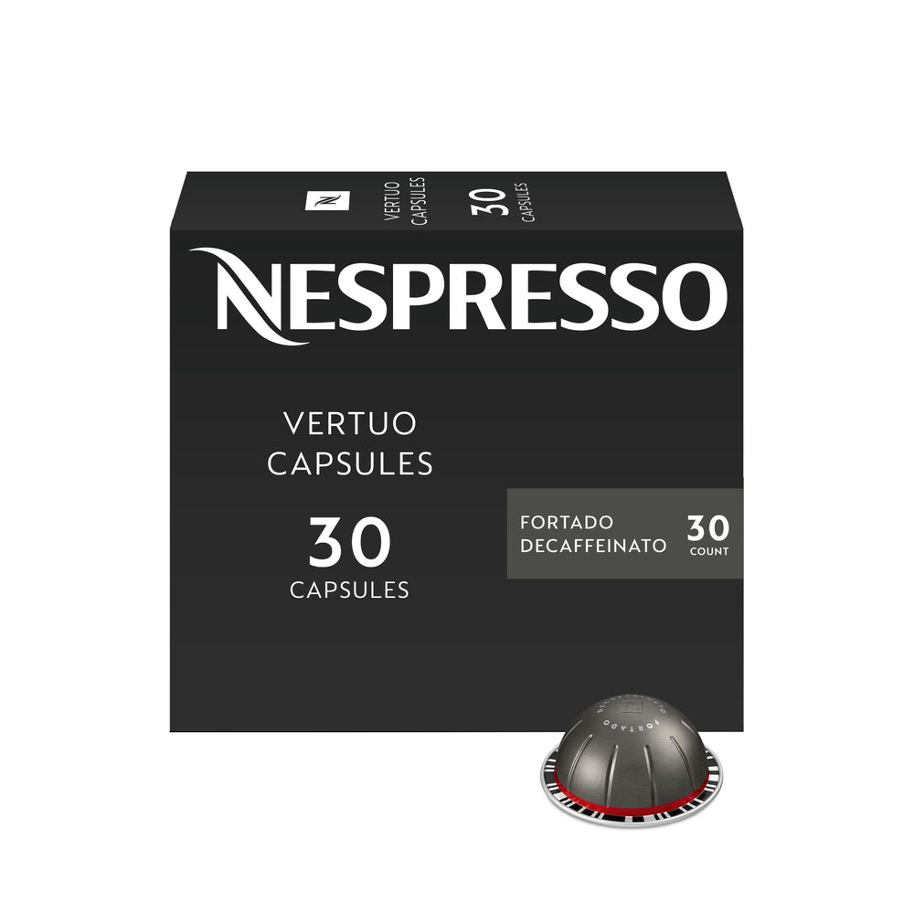 Nespresso Fortado Decaffeinato front packaging showing product and benefit of bold decaf taste