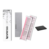 Nespresso descaling kit front packaging showing two packets and cleaning cloth for easy maintenance