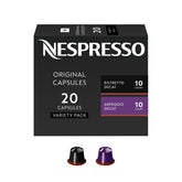 Nespresso front packaging showing decaf variety pack and freshness