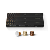 Nespresso front box showing Caramello Cioccolato Vaniglia flavors and clear assortment benefit