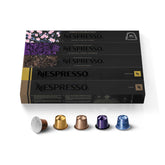 Nespresso original variety pack front view showing five blend labels and packaging benefits