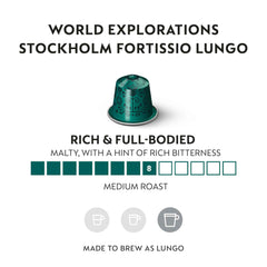 Nespresso capsule close-up highlighting Stockholm Fortissio Lungo aluminum freshness seal