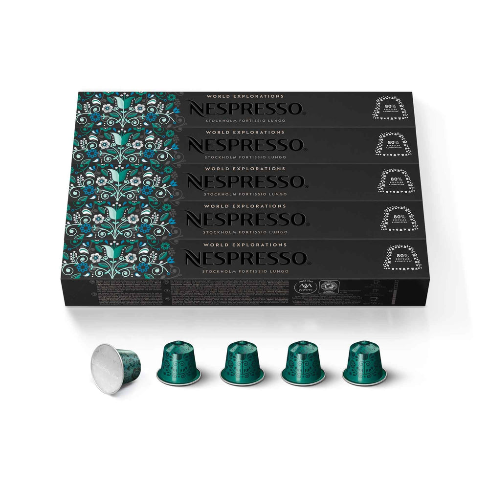 Nespresso Stockholm Fortissio Lungo front pack showing 50 capsules and bold profile
