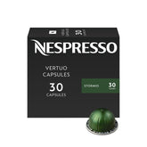 Nespresso Stormio front packaging showing 30-count box and branding benefit freshness