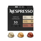 Nespresso Vertuo box front showing 30-count flavored pod assortment and convenience