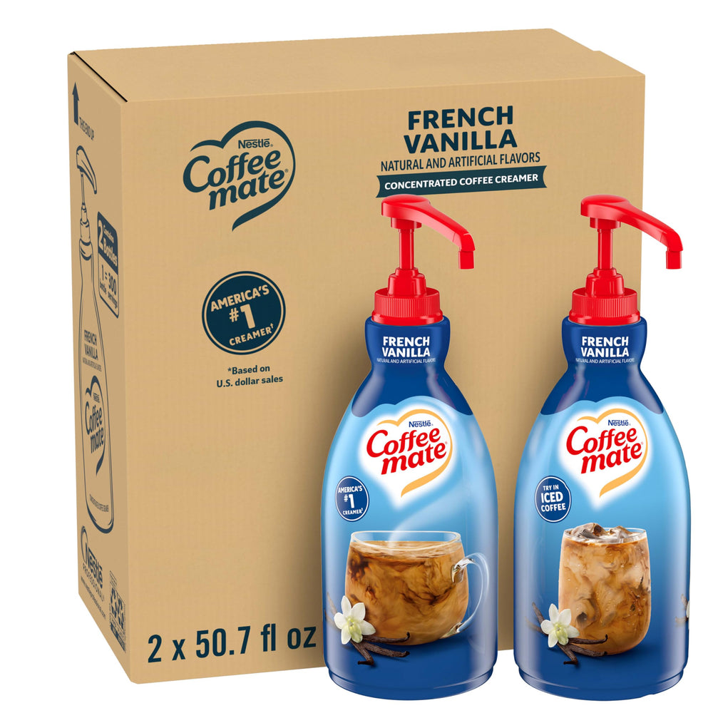 Nestle Coffee mate front packaging showing French Vanilla pump and benefit of easy dispensing