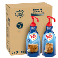 Nestle Coffee mate front packaging showing French Vanilla pump and benefit of easy dispensing