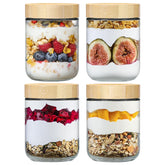 NETANY front view of four 16oz glass jars showing clear bodies and bamboo lids for stylish storage
