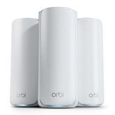 NETGEAR Orbi 770 front view of router and two satellites showing whole-home coverage benefit