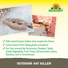 Neudorff granules placed beside garden bed indicating safe organic-compatible use