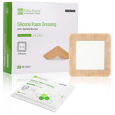 NEUHEILS front packaging showing 4x4 inch bordered dressing package and clear labeling benefit