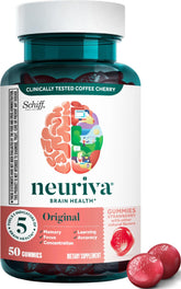 NEURIVA bottle front packaging showing strawberry gummies and branding benefit convenient brain support