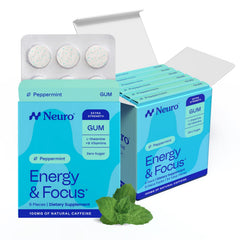 Neuro front packaging showing 54-count tin and peppermint branding for quick reference