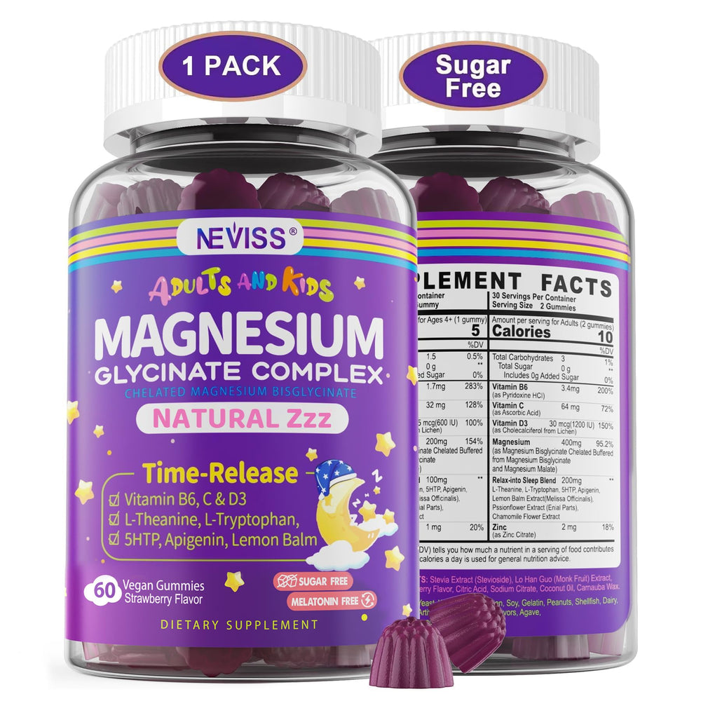 NEVISS front packaging showing sugar-free magnesium gummies and benefits