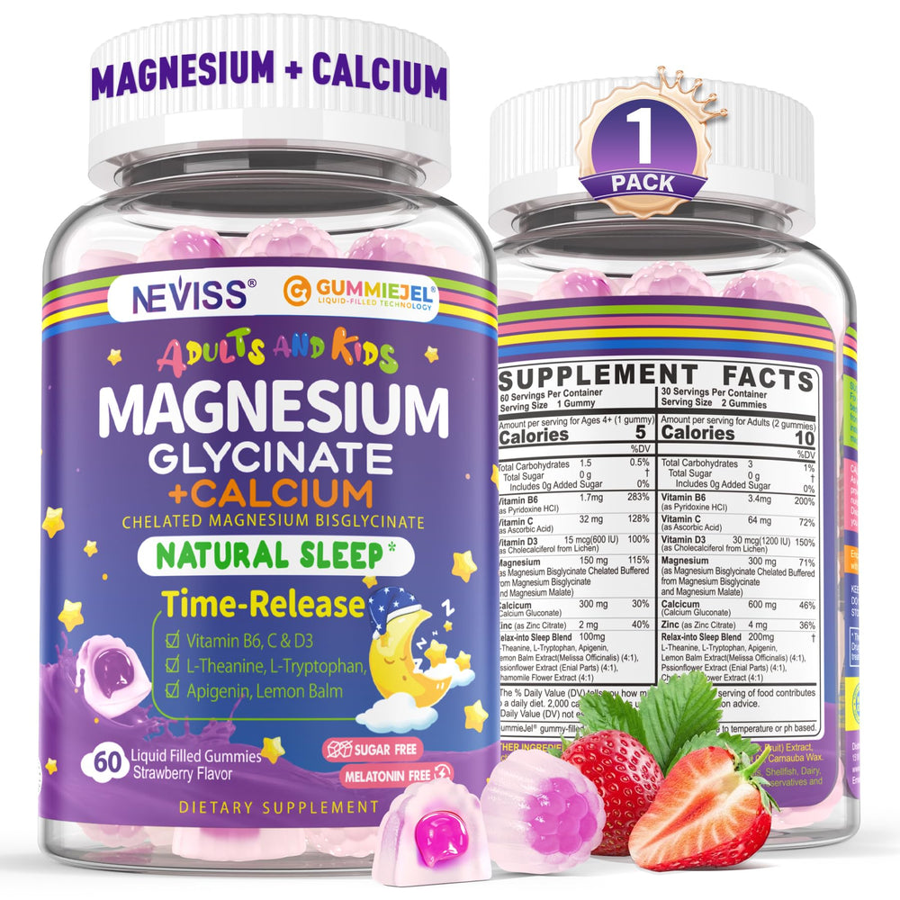 NEVISS front packaging showing strawberry-filled gummies and key benefits