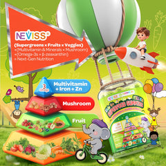 NEVISS label nutrient panel detailing D3, K2, iron and DHA benefits
