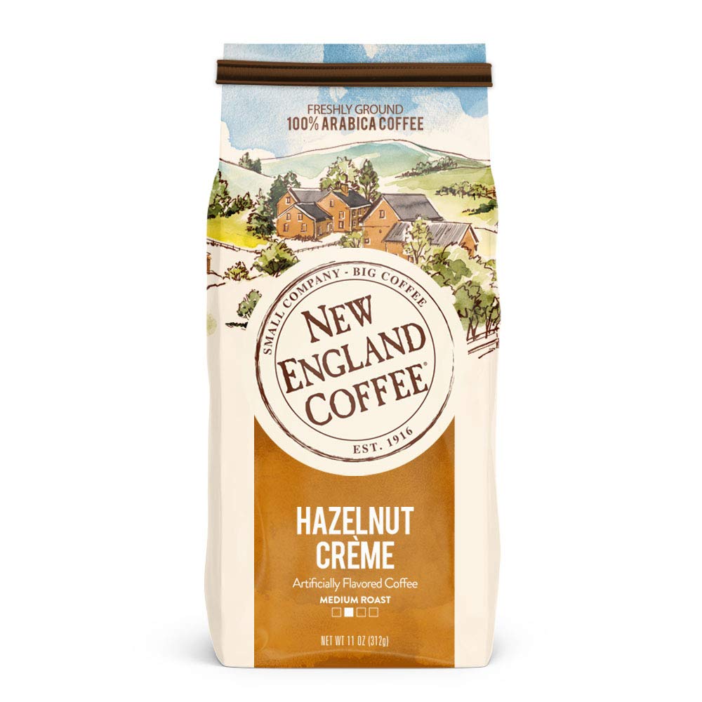 New England Coffee front packaging showing pack of three and clear branding, convenient storage benefit
