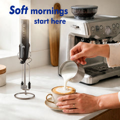 New England Stories frother on countertop stand organized and ready for quick use