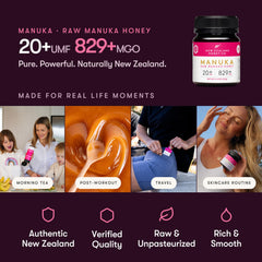 NEW ZEALAND HONEY CO label close-up displaying UMF 20+ and MGO 829+ for verified potency
