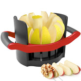 Newness front view of 12-blade apple slicer shows wide stainless-steel frame and grip benefit