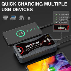 NEXPOW port panel image showing USB, Type-C, and EC5 ports for multi-device charging