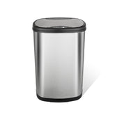 Ninestars front view of oval trash can showing sleek stainless steel and black trim benefits easy placement