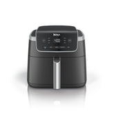 Ninja Air Fryer Pro front view showing compact grey design and benefits