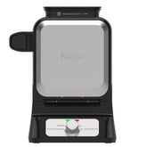 Ninja front view of waffle maker showing compact vertical design and benefit of even heating