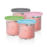 ninja CREAMi four pints front view showing clear cups and colored lids for organized storage