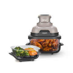 Ninja Crispi front view showing compact powerpod and glass containers, saves countertop space