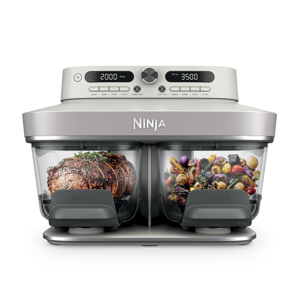 Ninja DualZone front view showing both glass zones and controls for versatile cooking