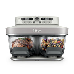 Ninja DualZone front view showing both glass zones and controls for versatile cooking