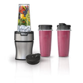 Ninja Nutri-Plus front view showing compact silver motor base and cups, easy countertop storage