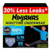 Ninjamas front packaging S/M 88 count showing overnight protection benefit