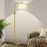 Nintiue arc floor lamp front view showing modern gold finish and linen shade for elegant ambient lighting