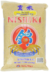 Nishiki premium brown rice bag front showing 15-pound packaging and clear brand label, ensures value