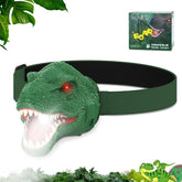 Nitigo front view of T. rex headlamp showing playful design and visible beam