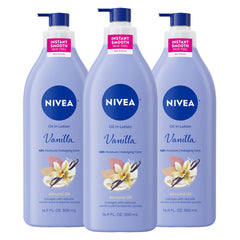 NIVEA front packaging showing three vanilla almond lotion bottles and value benefits