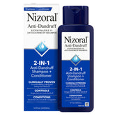 Nizoral front packaging showing 14 fl oz bottle and product benefit control flakes